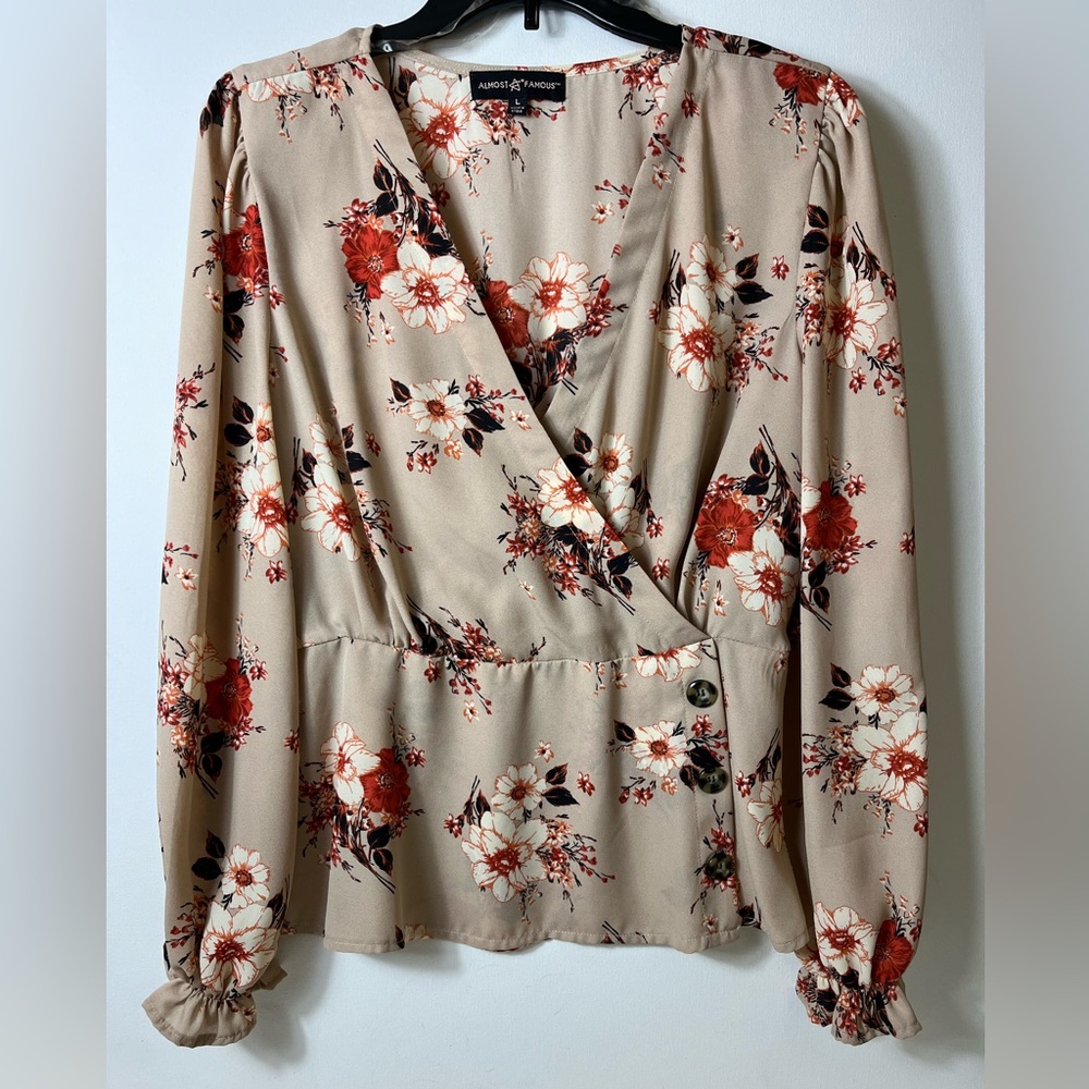 Almost Famous Beige Floral Wrap Top Women’s Long Sleeve Size L